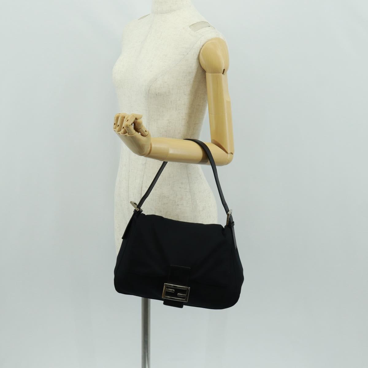 FENDI Mamma Baguette Shoulder Bag Nylon Black Silver Auth BA9559V
