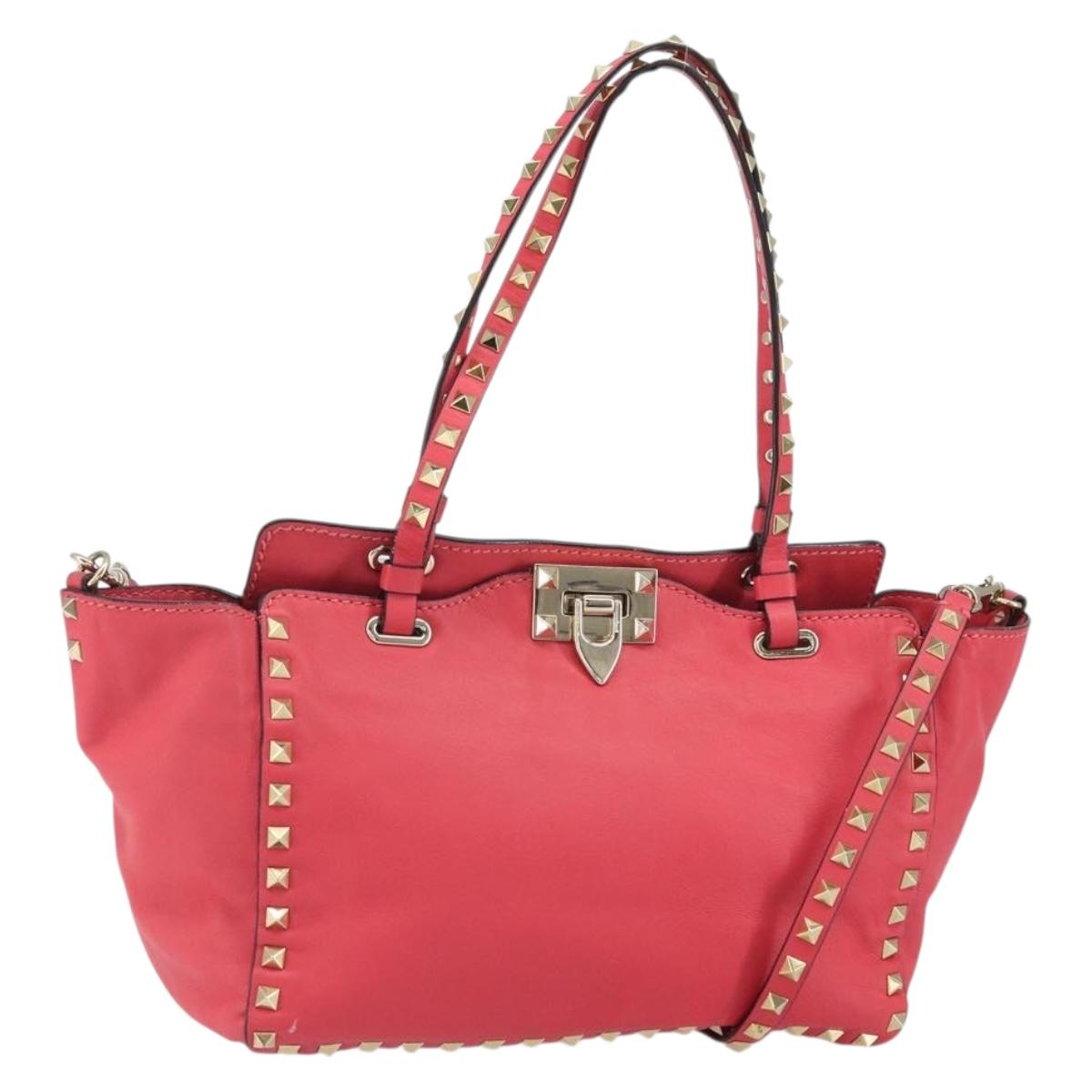 VALENTINO Rock Studs Hand Bag Leather 2way Pink Gold Auth BA9561