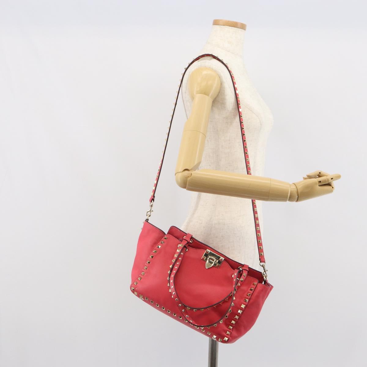 VALENTINO Rock Studs Hand Bag Leather 2way Pink Gold Auth BA9561