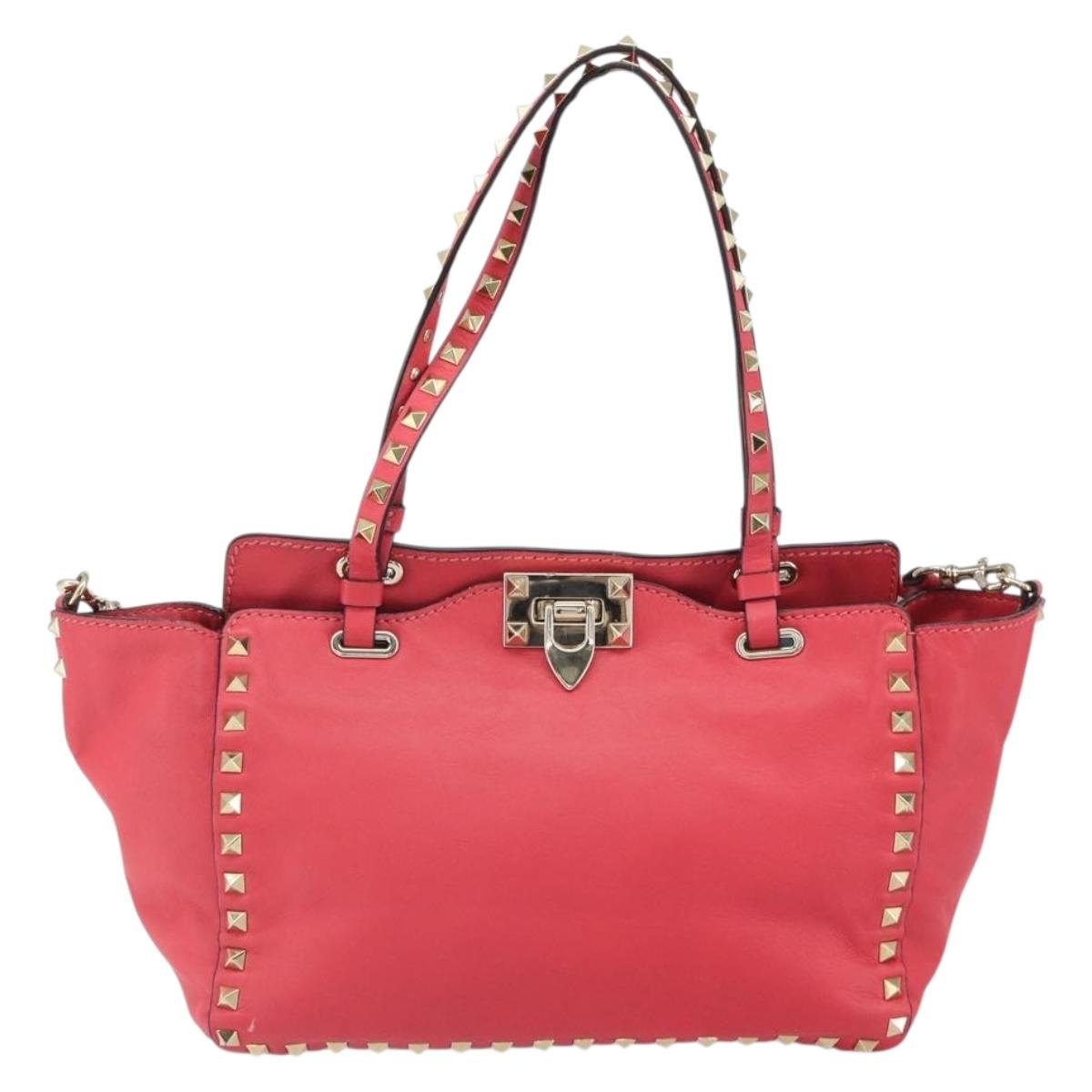 VALENTINO Rock Studs Hand Bag Leather 2way Pink Gold Auth BA9561