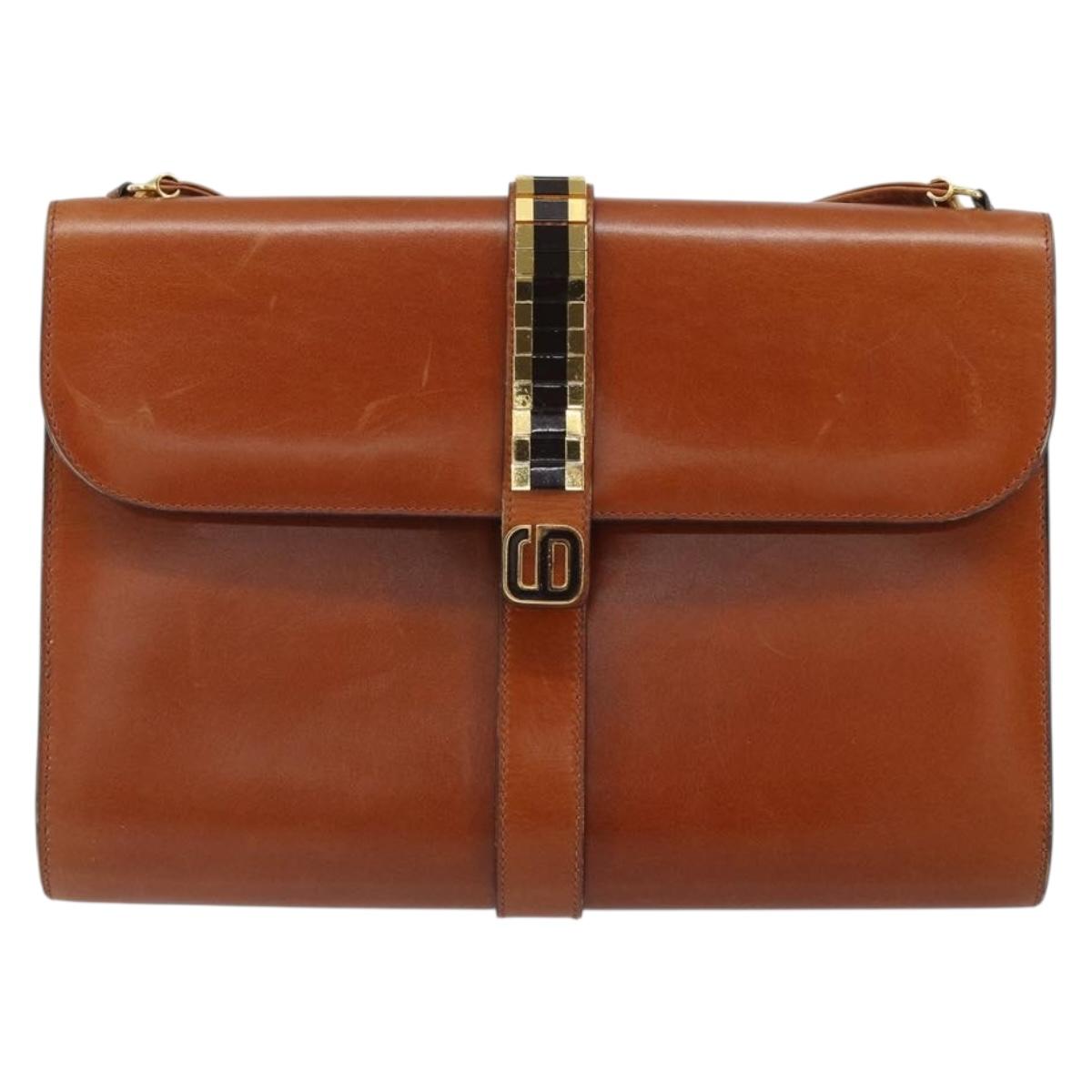 Christian Dior Shoulder Bag Leather Gold Brown Auth BA9565