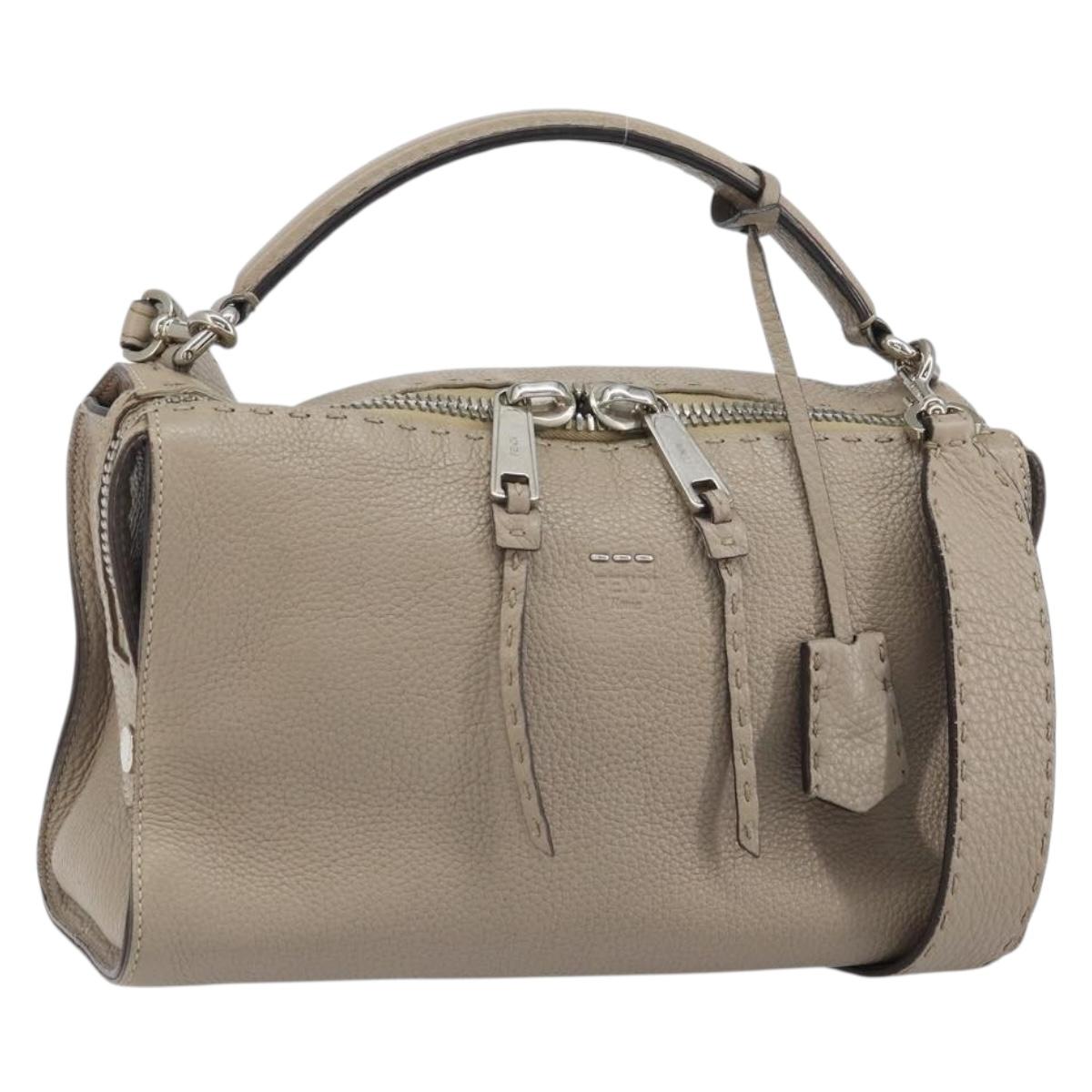 FENDI Celeria Ray Hand Bag Leather 2way Gray Silver Auth BA9567