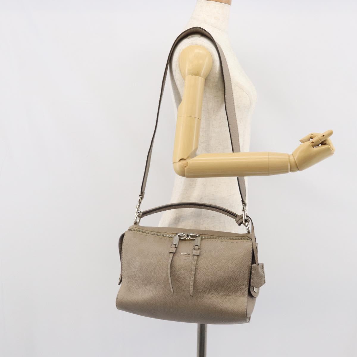 FENDI Celeria Ray Hand Bag Leather 2way Gray Silver Auth BA9567