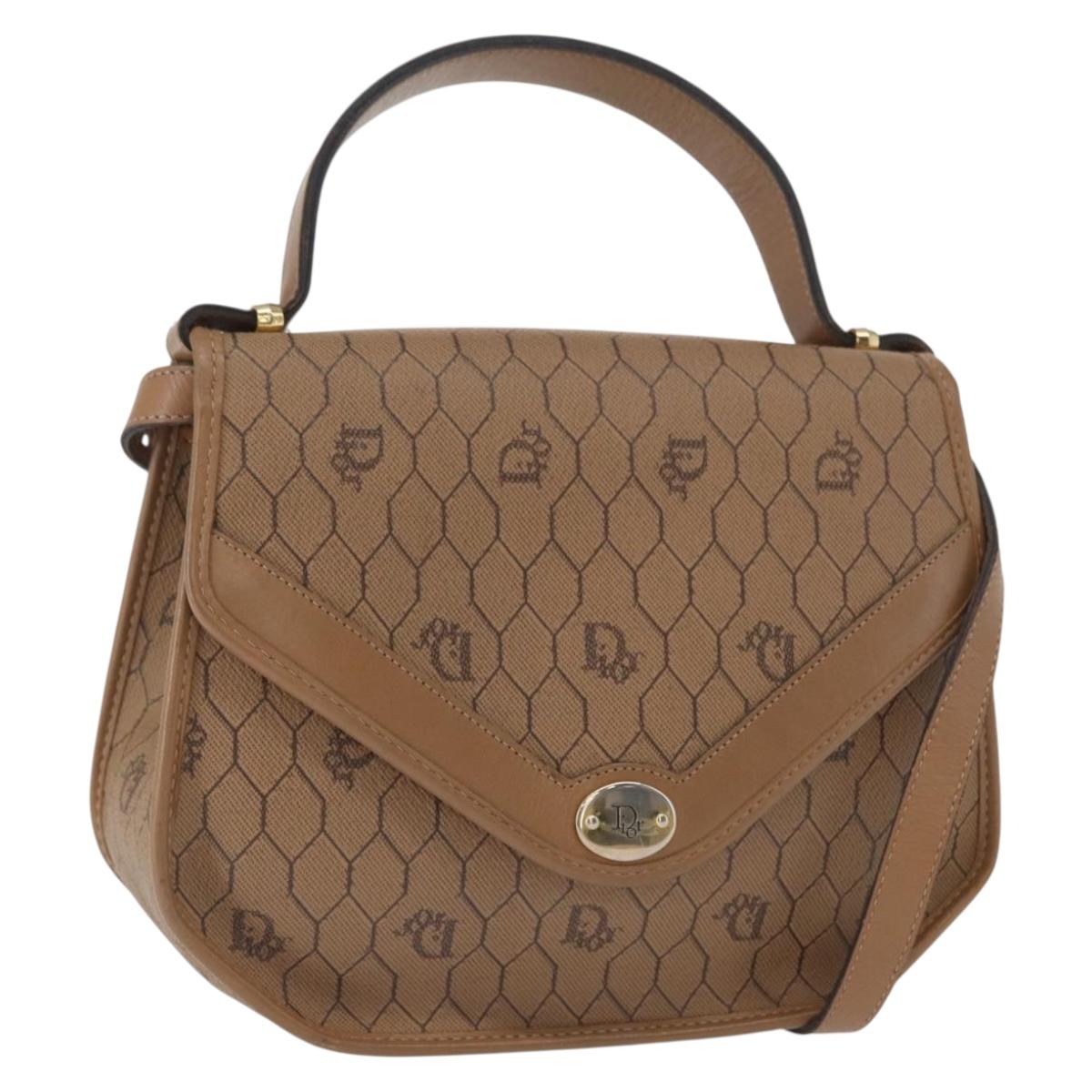 Christian Dior Honeycomb Canvas Hand Bag PVC Leather 2way Beige Gold Auth BA9582
