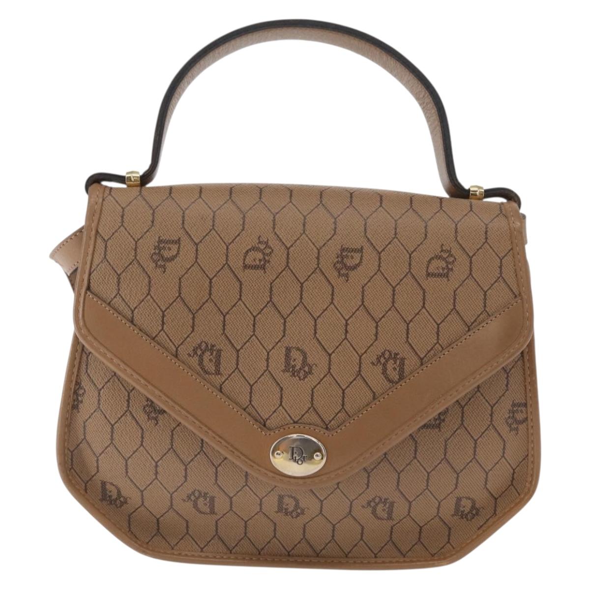 Christian Dior Honeycomb Canvas Hand Bag PVC Leather 2way Beige Gold Auth BA9582