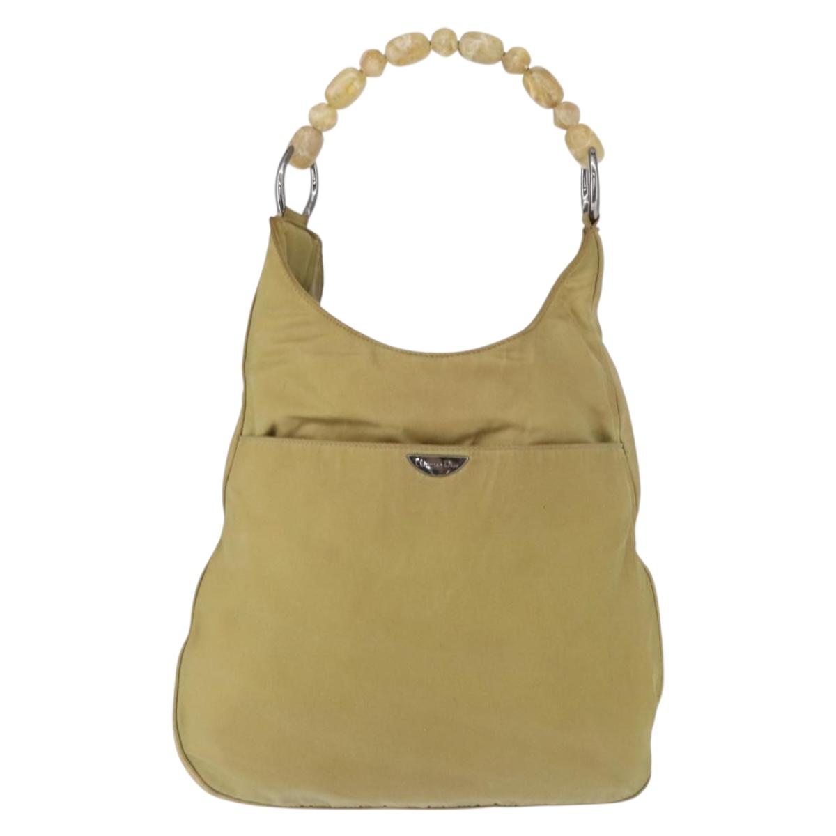 Christian Dior Maris Pearl Shoulder Bag Nylon Beige Silver Auth BA9583