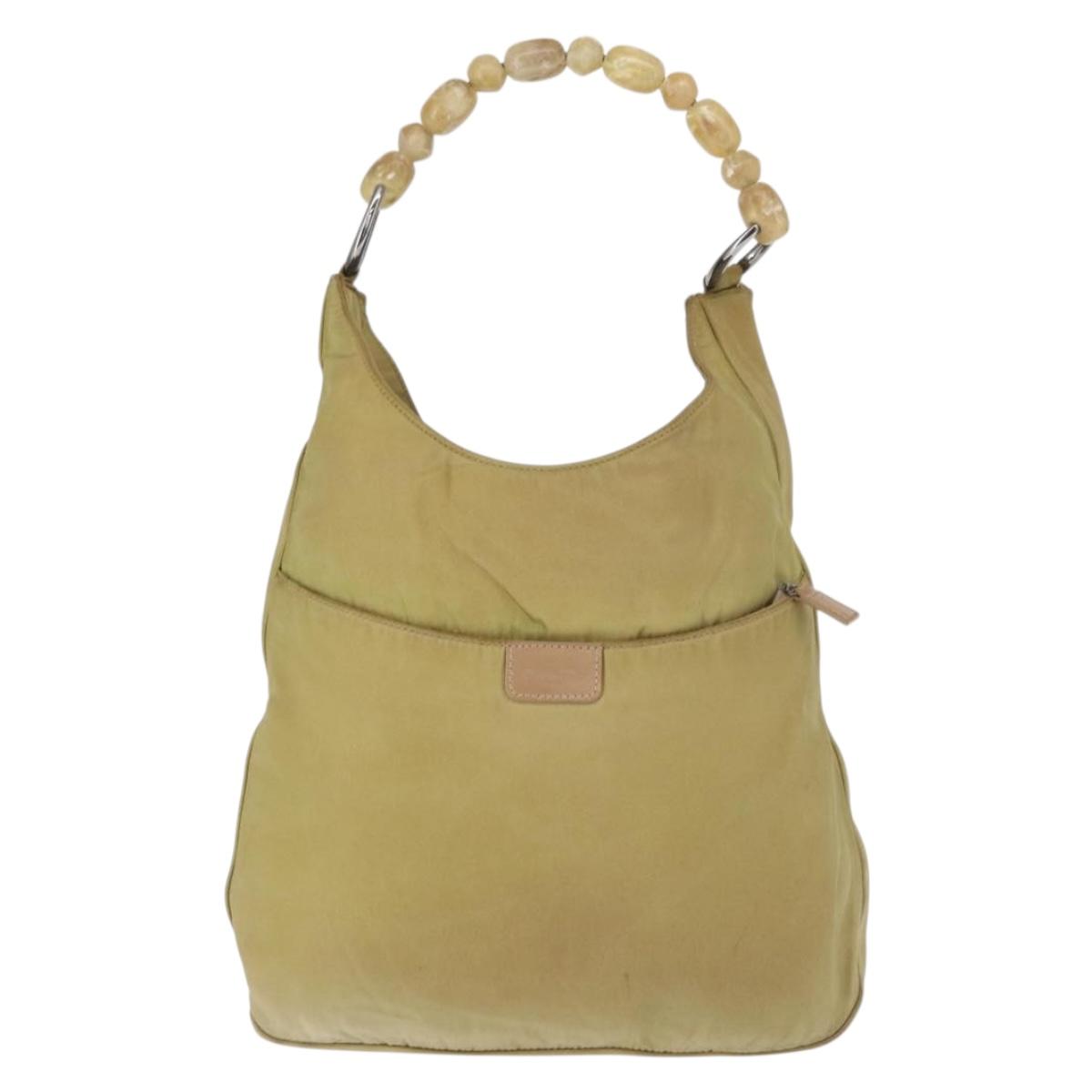 Christian Dior Maris Pearl Shoulder Bag Nylon Beige Silver Auth BA9583