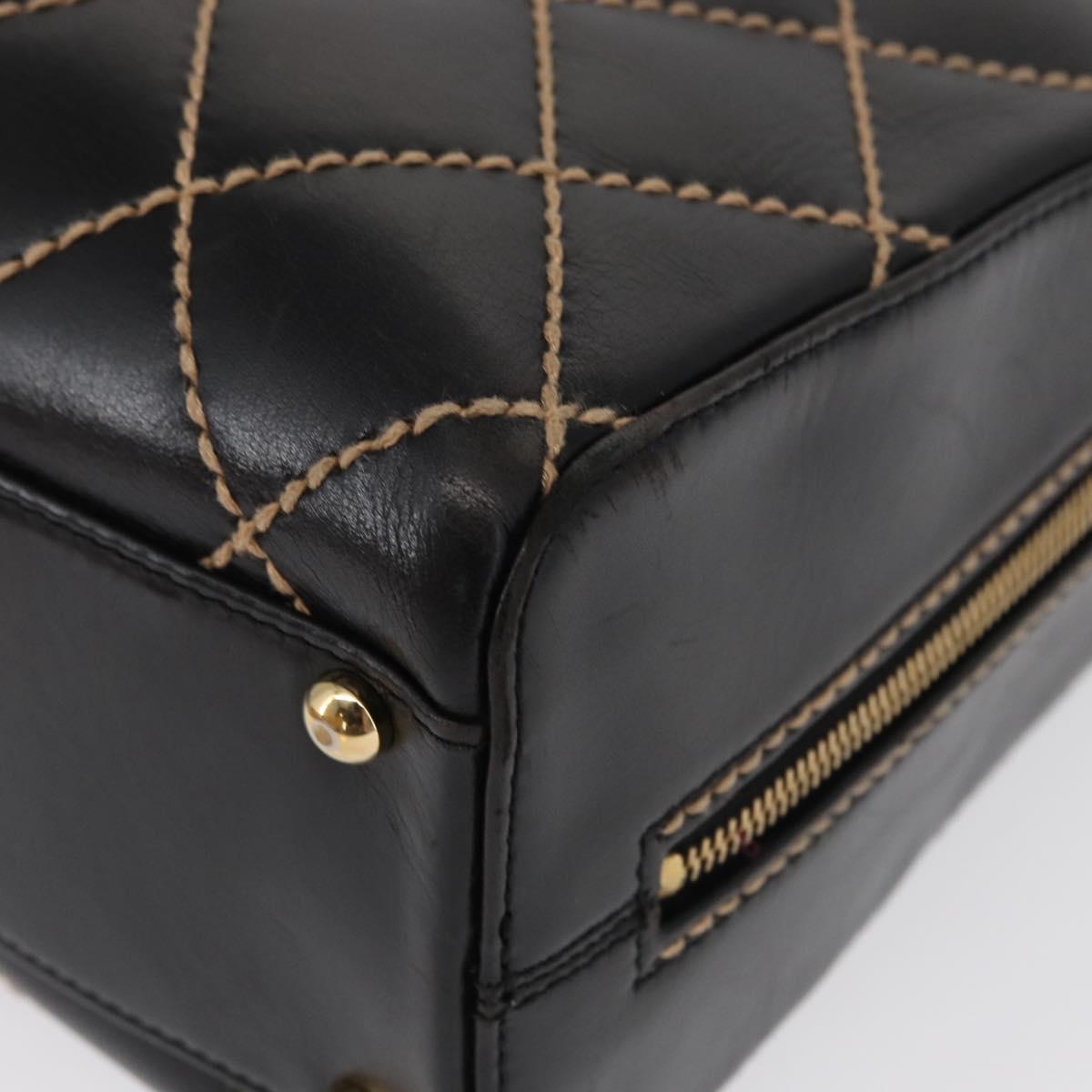 CHANEL Wild Stitch Hand Bag Leather Black Gold CC Auth BA9589