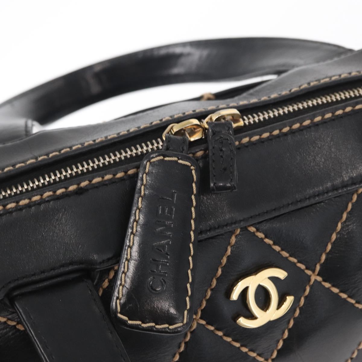 CHANEL Wild Stitch Hand Bag Leather Black Gold CC Auth BA9589