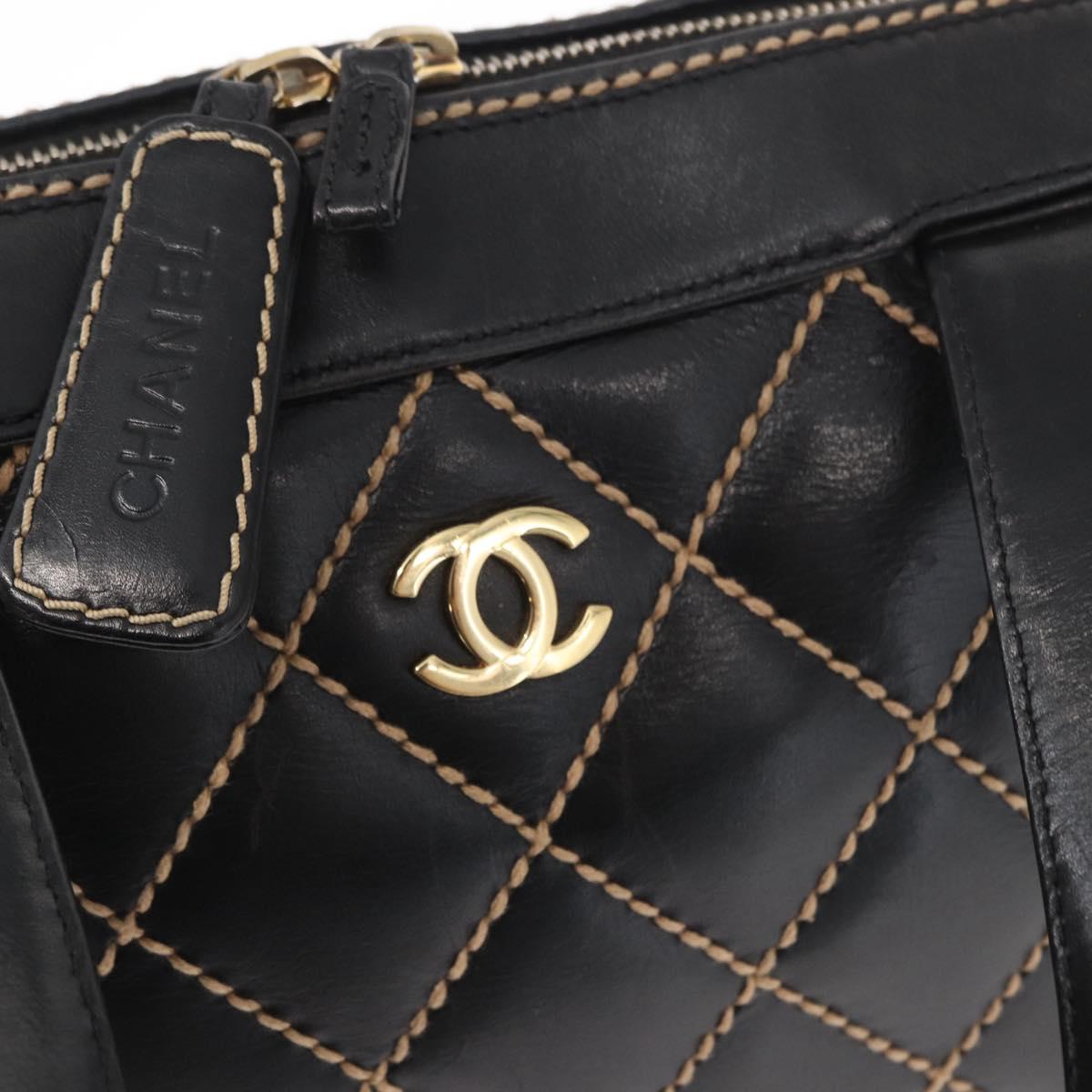 CHANEL Wild Stitch Hand Bag Leather Black Gold CC Auth BA9589