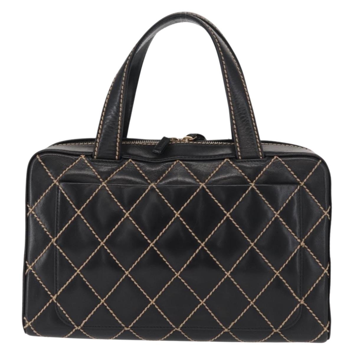 CHANEL Wild Stitch Hand Bag Leather Black Gold CC Auth BA9589