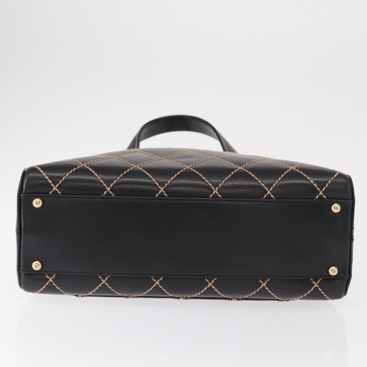 CHANEL Wild Stitch Hand Bag Leather Black Gold CC Auth BA9589