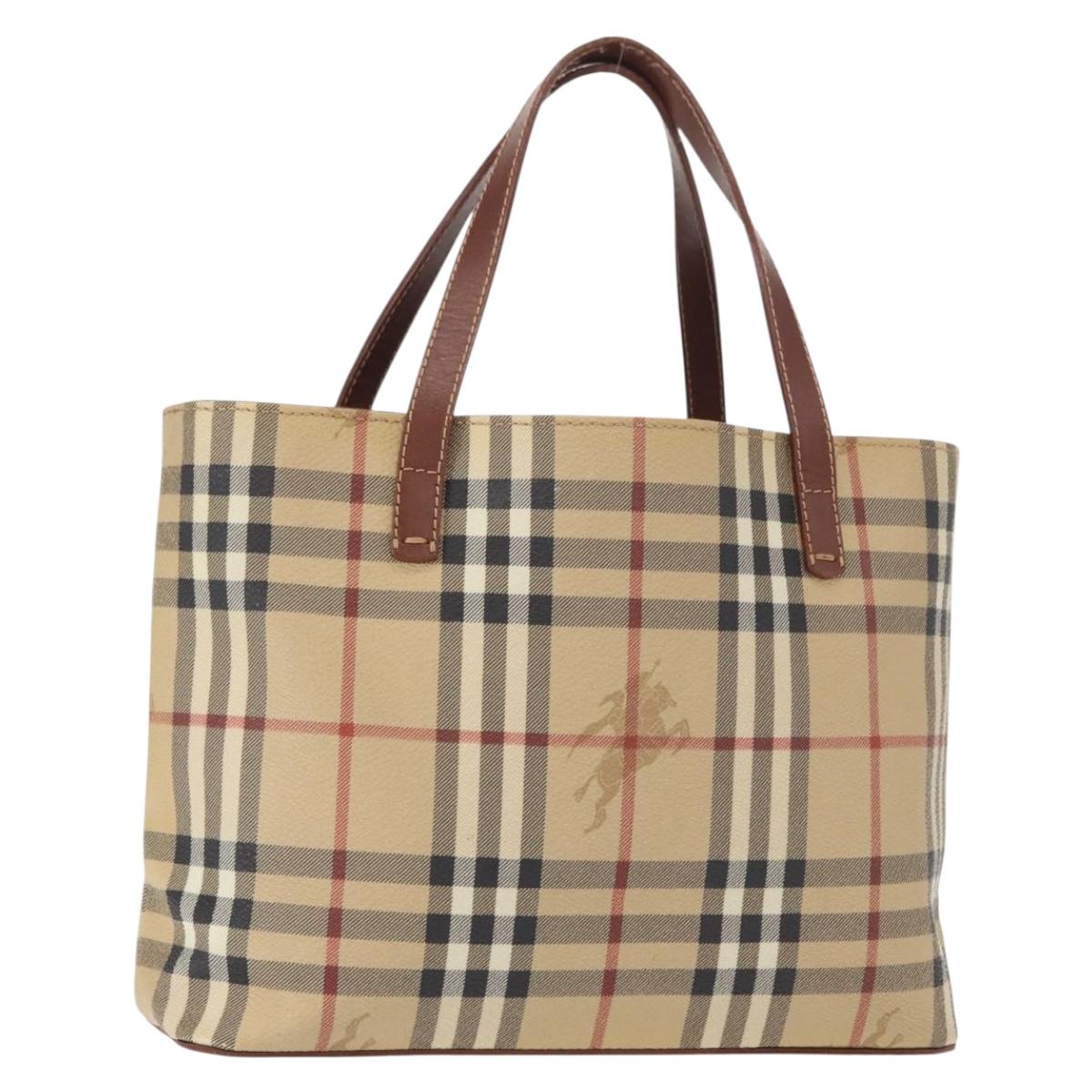 BURBERRY Nova Check Hand Bag PVC Beige Gold Auth BA9597