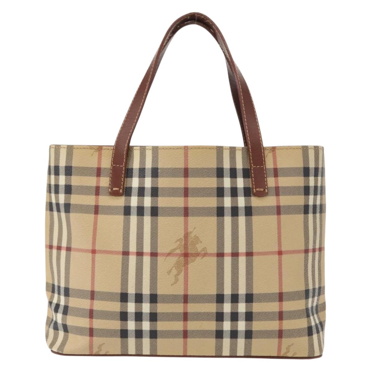 BURBERRY Nova Check Hand Bag PVC Beige Gold Auth BA9597