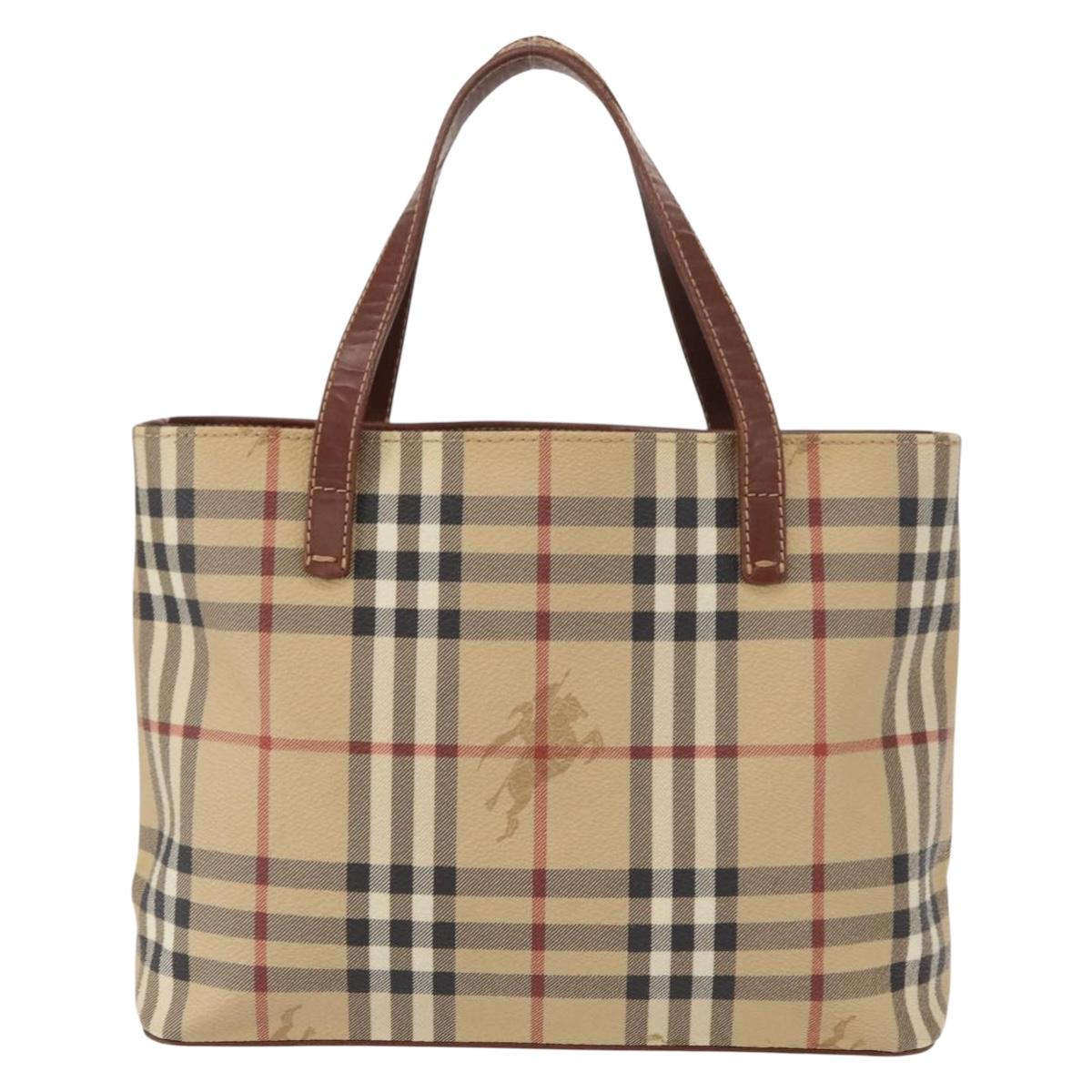 BURBERRY Nova Check Hand Bag PVC Beige Gold Auth BA9597