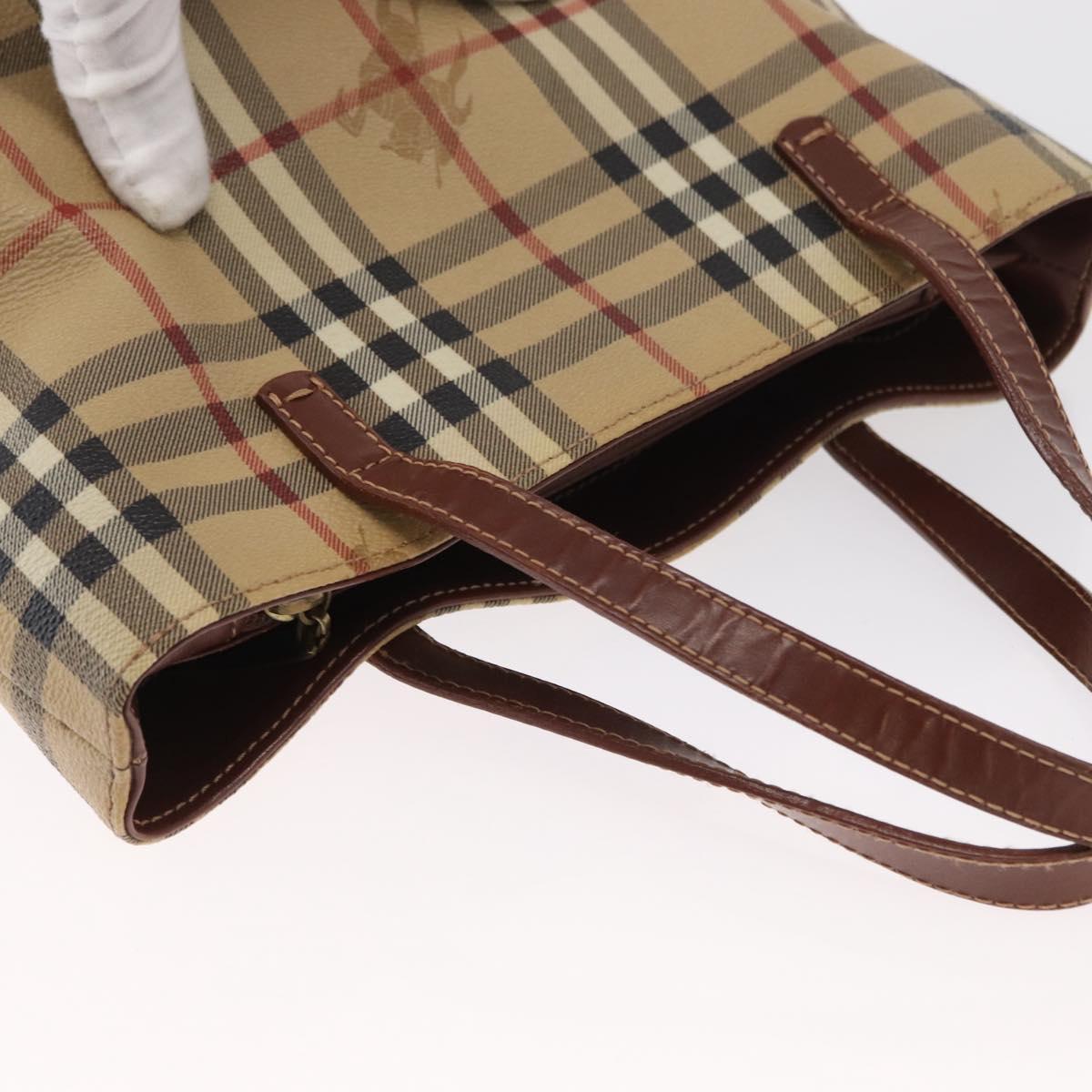 BURBERRY Nova Check Hand Bag PVC Beige Gold Auth BA9597