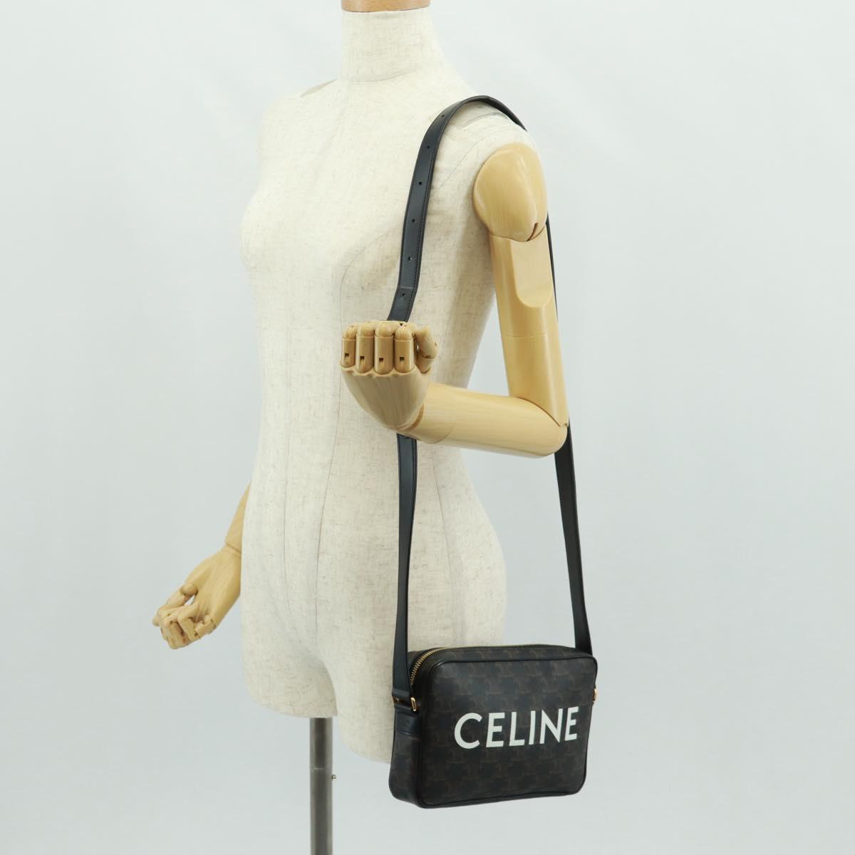 CELINE Triomphe Medium Messenger bag Shoulder Bag PVC Black Gold Auth BA9639M