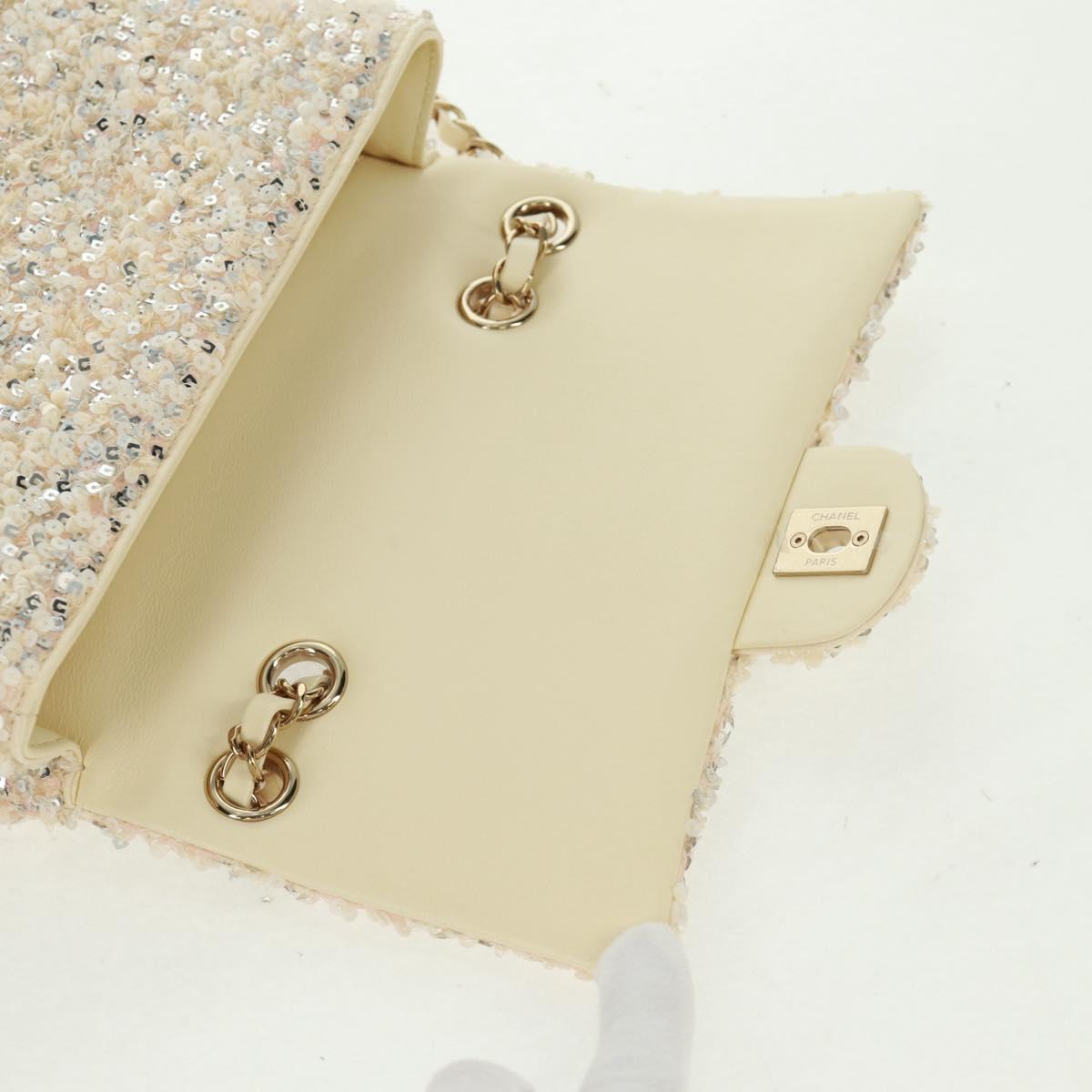 CHANEL Matelasse 23 Single Flap Chain Sequins Evening Bag Beige CC Auth BA9646SM
