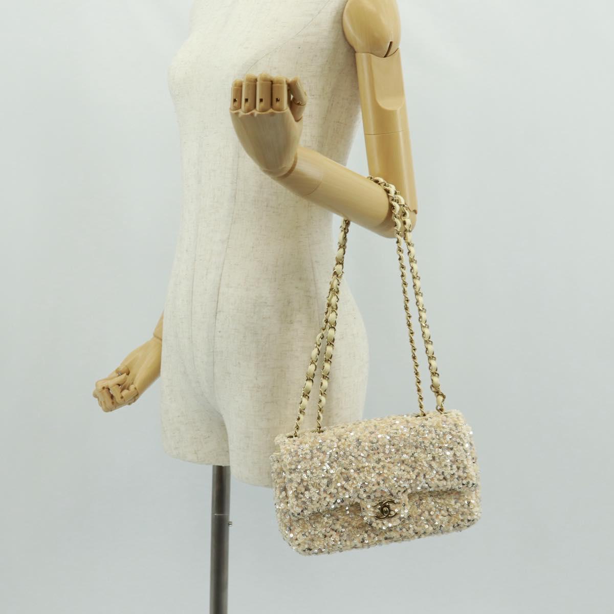 CHANEL Matelasse 23 Single Flap Chain Sequins Evening Bag Beige CC Auth BA9646SM