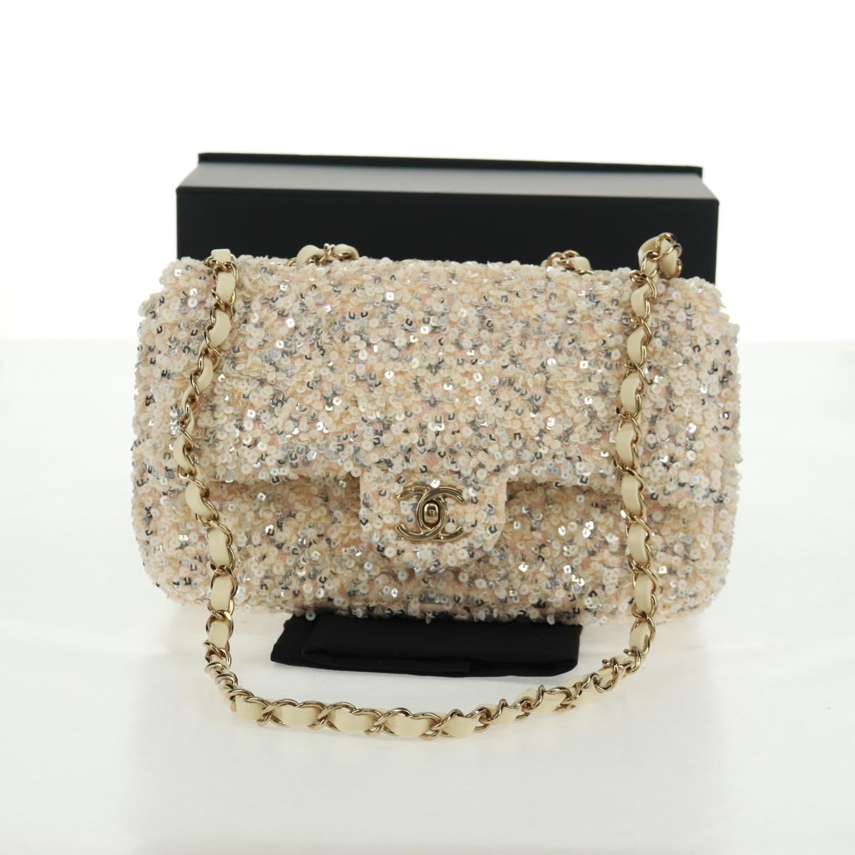 CHANEL Matelasse 23 Single Flap Chain Sequins Evening Bag Beige CC Auth BA9646SM
