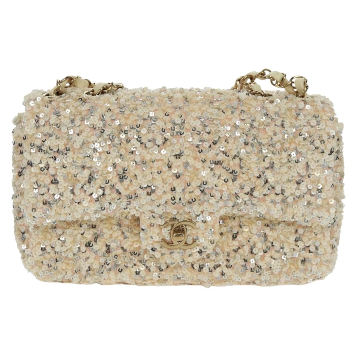 CHANEL Matelasse 23 Single Flap Chain Sequins Evening Bag Beige CC Auth BA9646SM