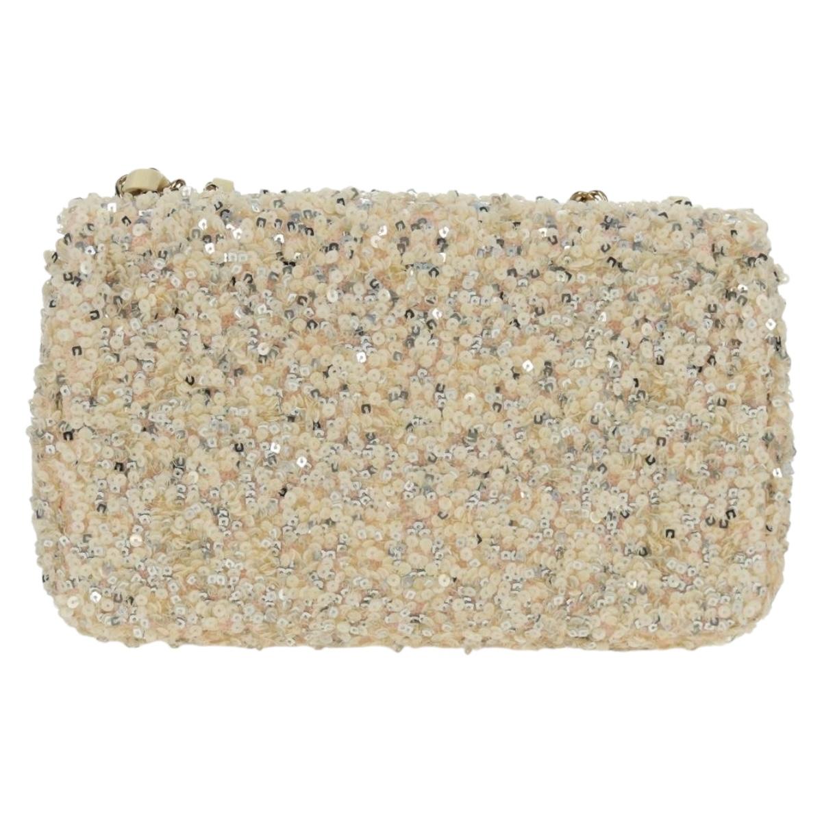 CHANEL Matelasse 23 Single Flap Chain Sequins Evening Bag Beige CC Auth BA9646SM