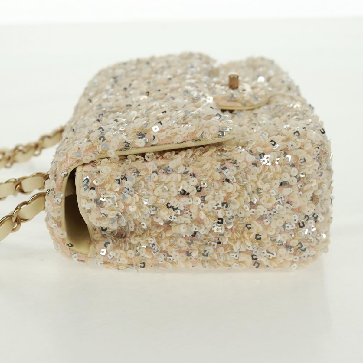 CHANEL Matelasse 23 Single Flap Chain Sequins Evening Bag Beige CC Auth BA9646SM