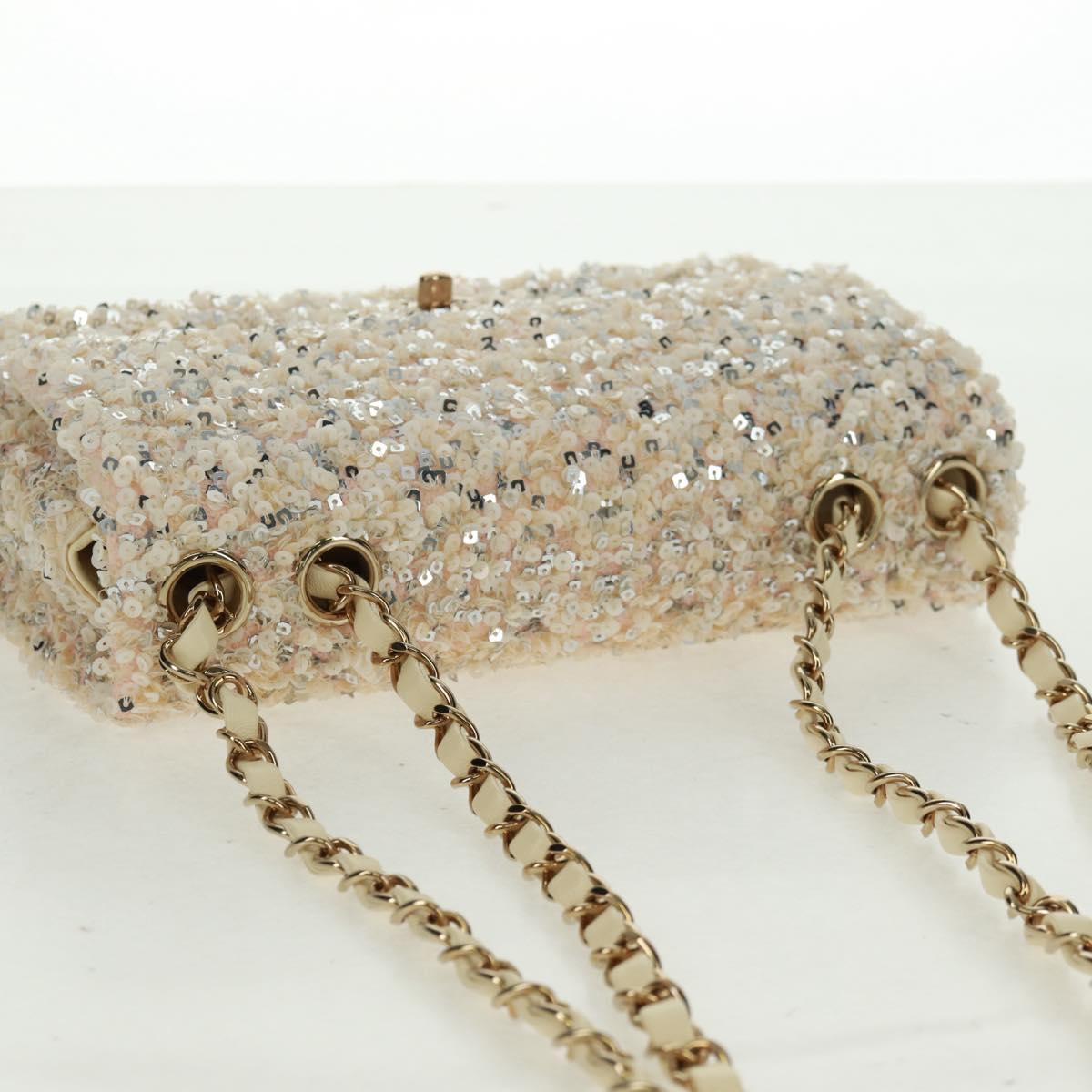 CHANEL Matelasse 23 Single Flap Chain Sequins Evening Bag Beige CC Auth BA9646SM