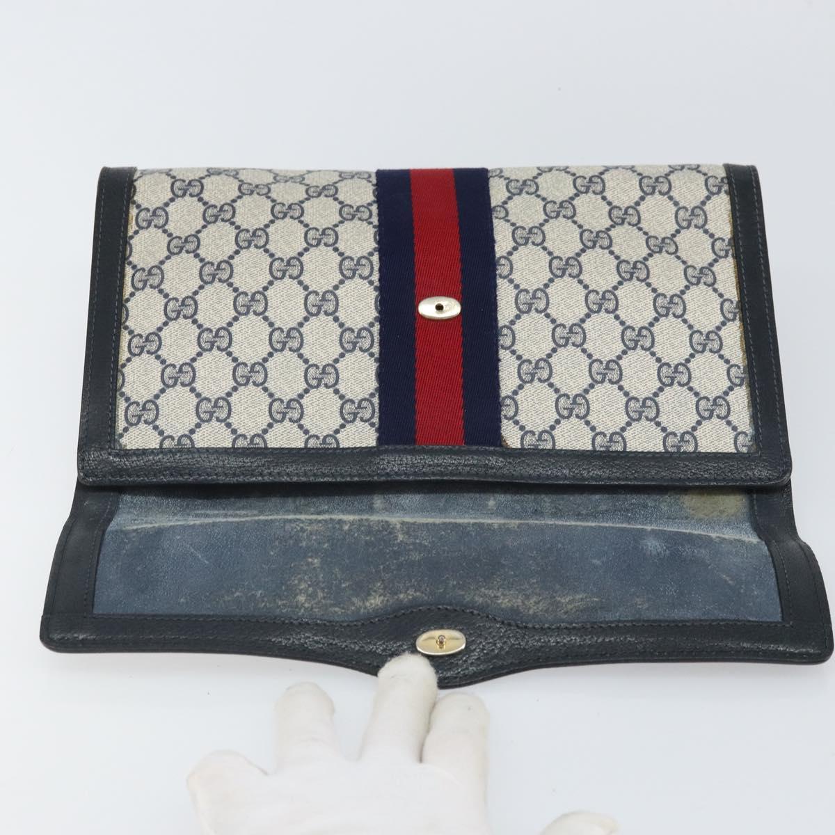 GUCCI GG Supreme Sherry Line Clutch Bag PVC Navy Gold 41 014 3087 Auth BA9677