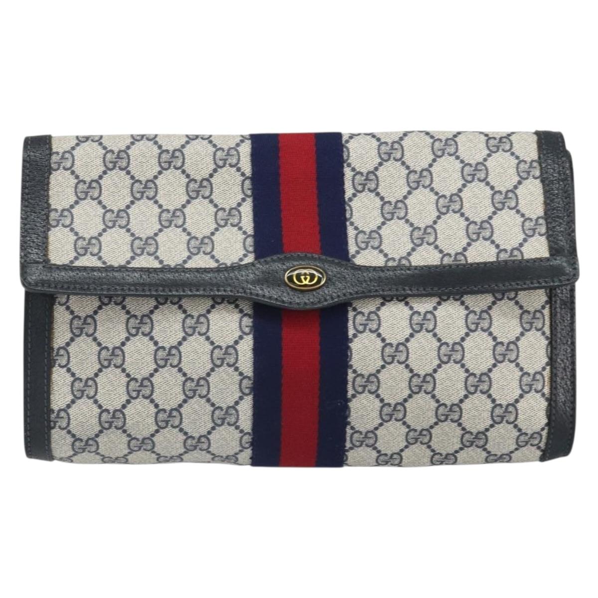 GUCCI GG Supreme Sherry Line Clutch Bag PVC Navy Gold 41 014 3087 Auth BA9677