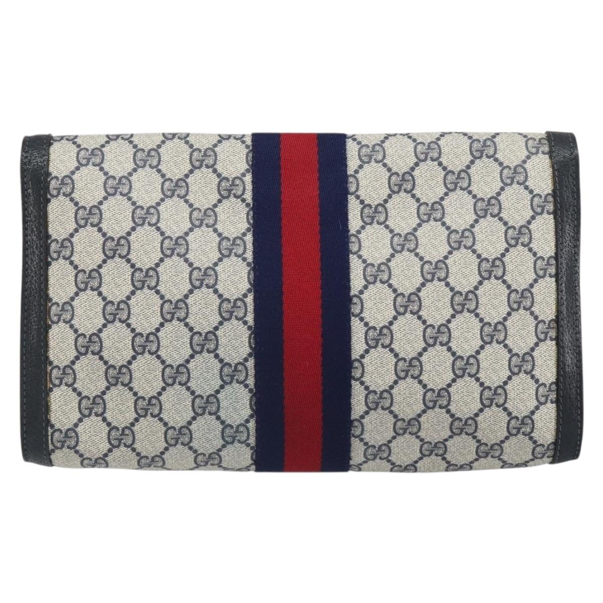 GUCCI GG Supreme Sherry Line Clutch Bag PVC Navy Gold 41 014 3087 Auth BA9677