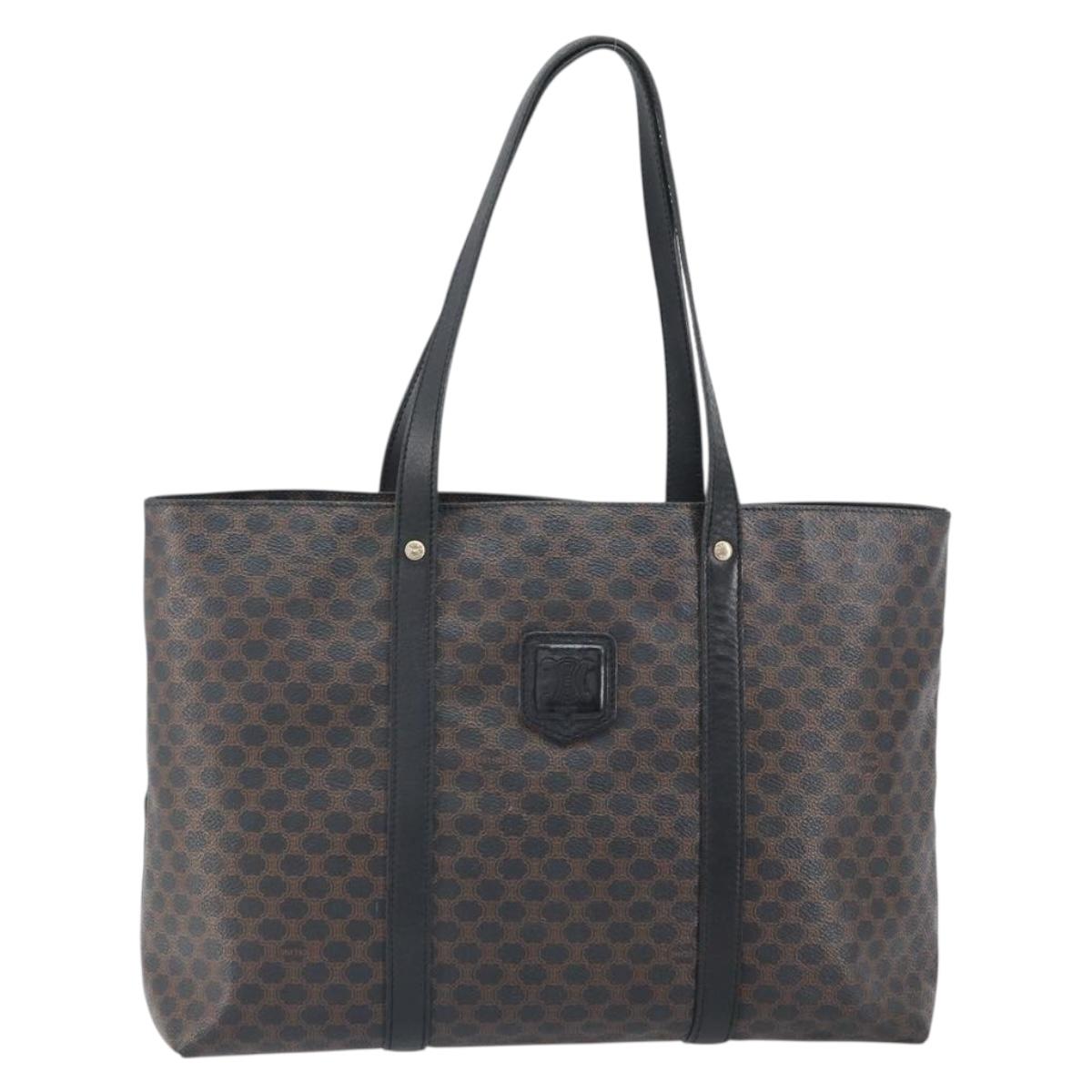 CELINE Macadam Canvas Tote Bag PVC Leather Black Gold Auth BA9683