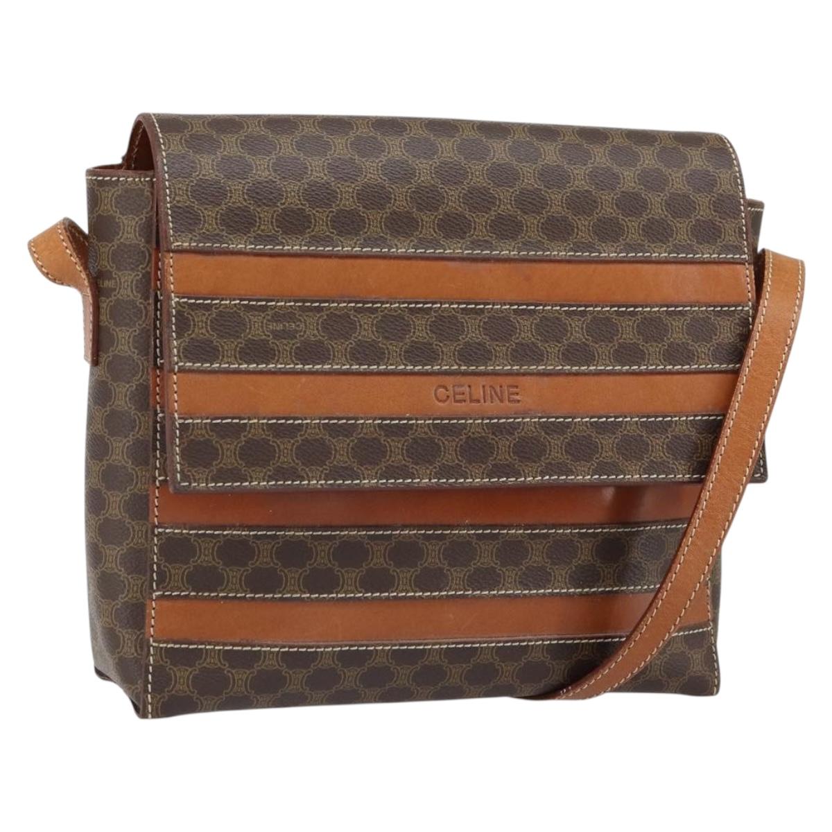 CELINE Macadam Canvas Shoulder Bag PVC Leather Brown Gold Auth BA9684