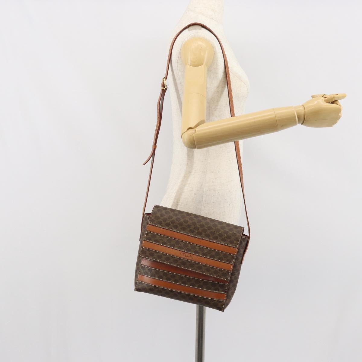 CELINE Macadam Canvas Shoulder Bag PVC Leather Brown Gold Auth BA9684