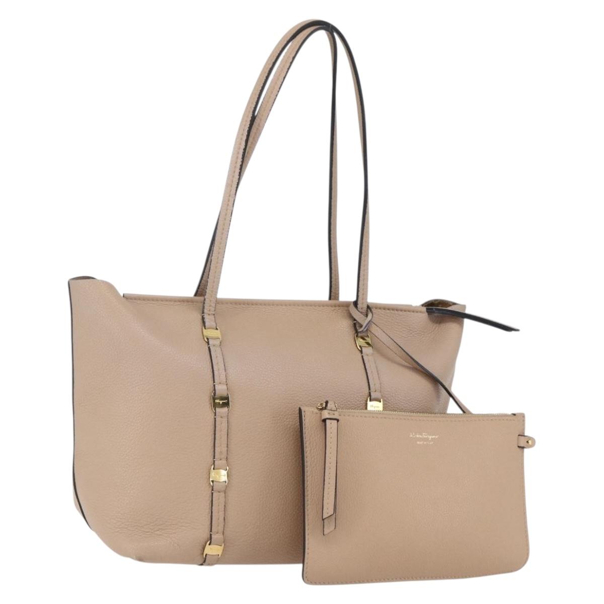 Salvatore Ferragamo Vala Tote Bag Leather Beige Gold Auth BA9686