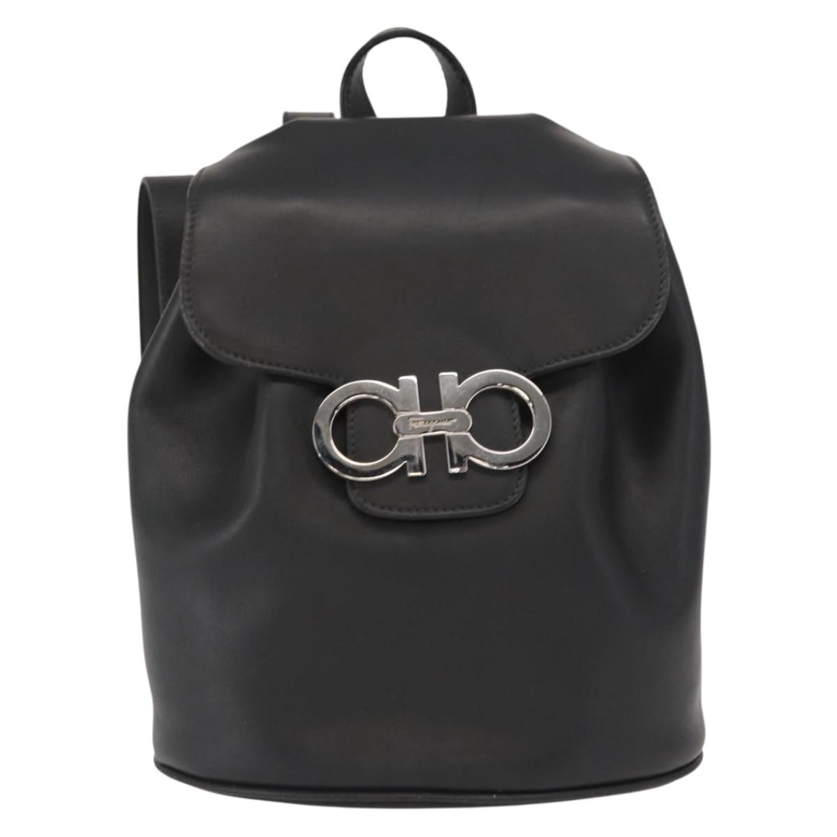 Salvatore Ferragamo Gancini Backpack Leather Black Silver Auth BA9687