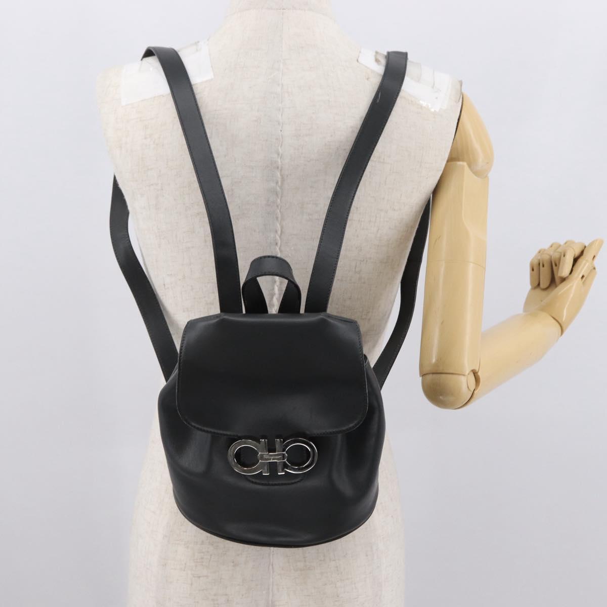 Salvatore Ferragamo Gancini Backpack Leather Black Silver Auth BA9687