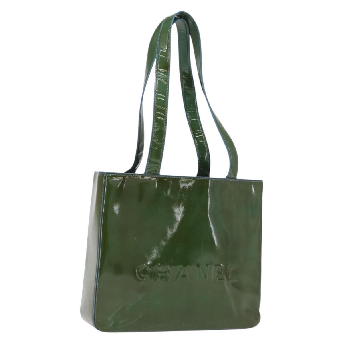 CHANEL Tote Bag Patent leather Green Gold CC Auth BA9690