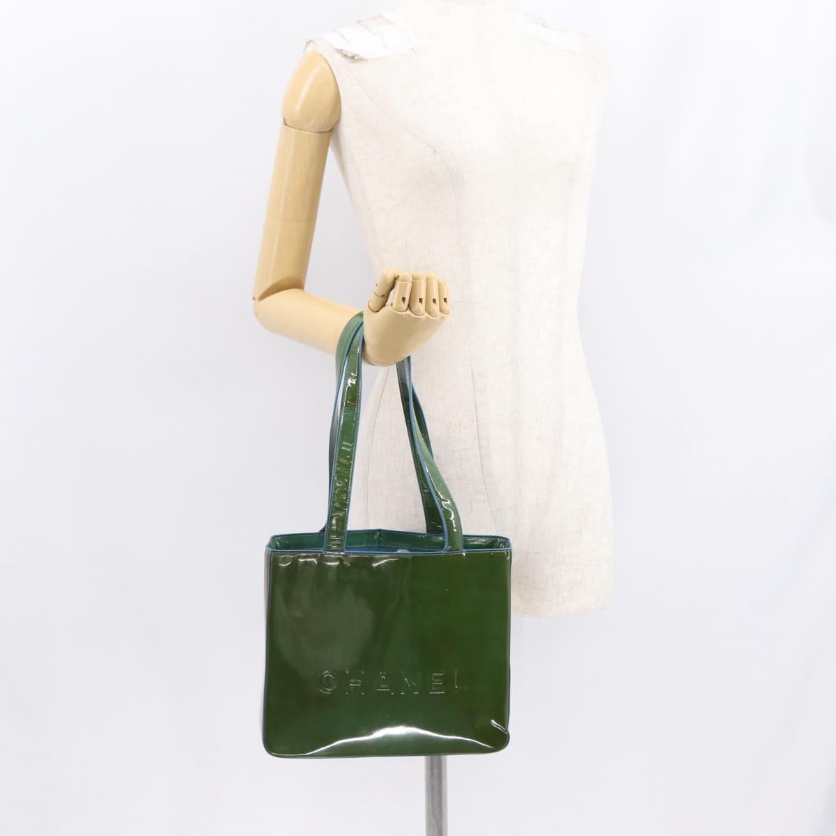 CHANEL Tote Bag Patent leather Green Gold CC Auth BA9690