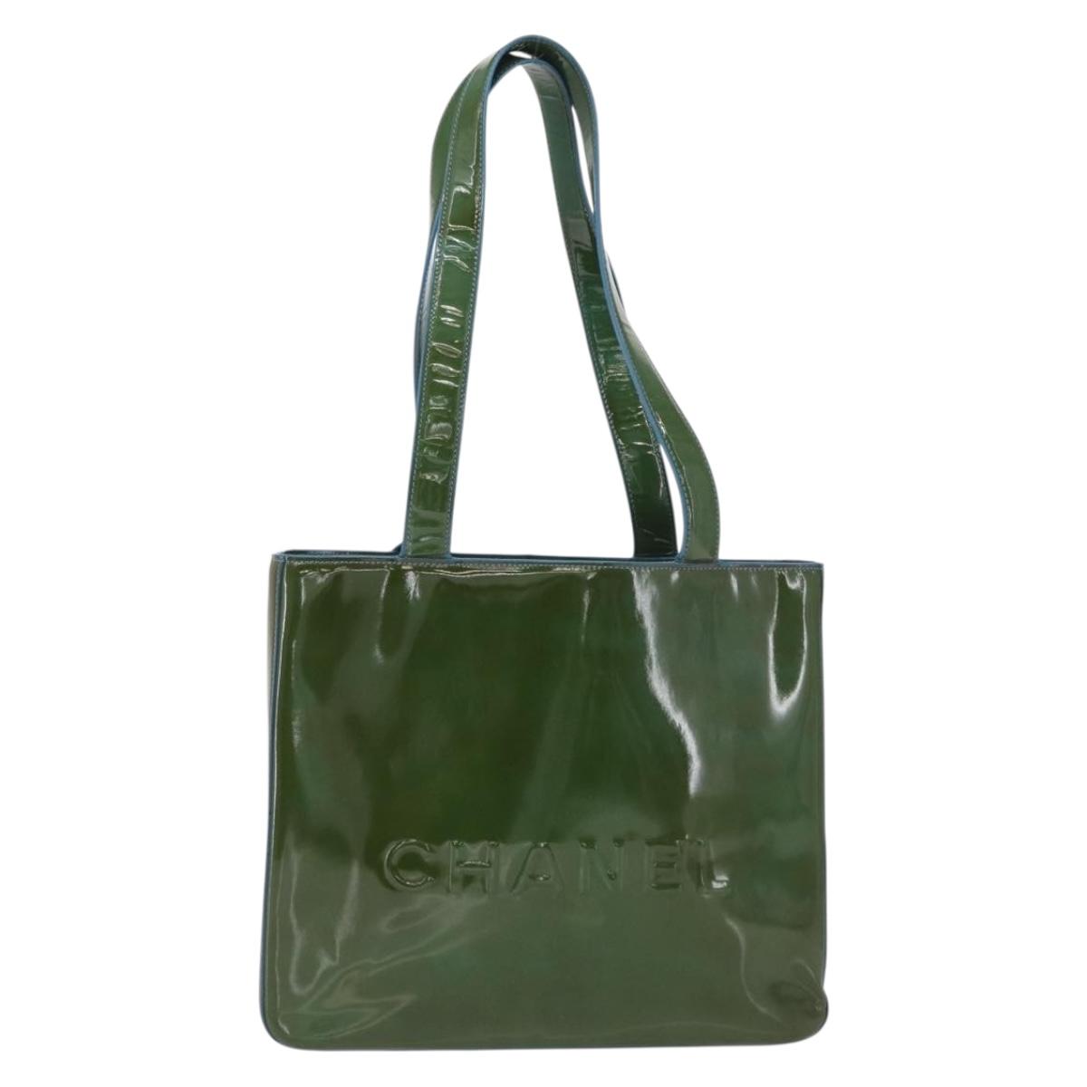 CHANEL Tote Bag Patent leather Green Gold CC Auth BA9690