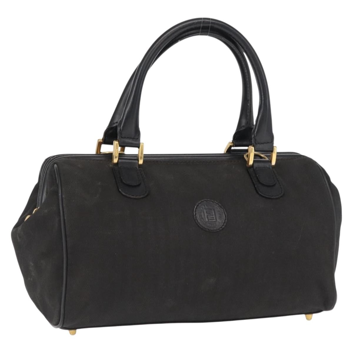 FENDI Pecan Canvas Hand Bag Black Brown gold Auth BA9717