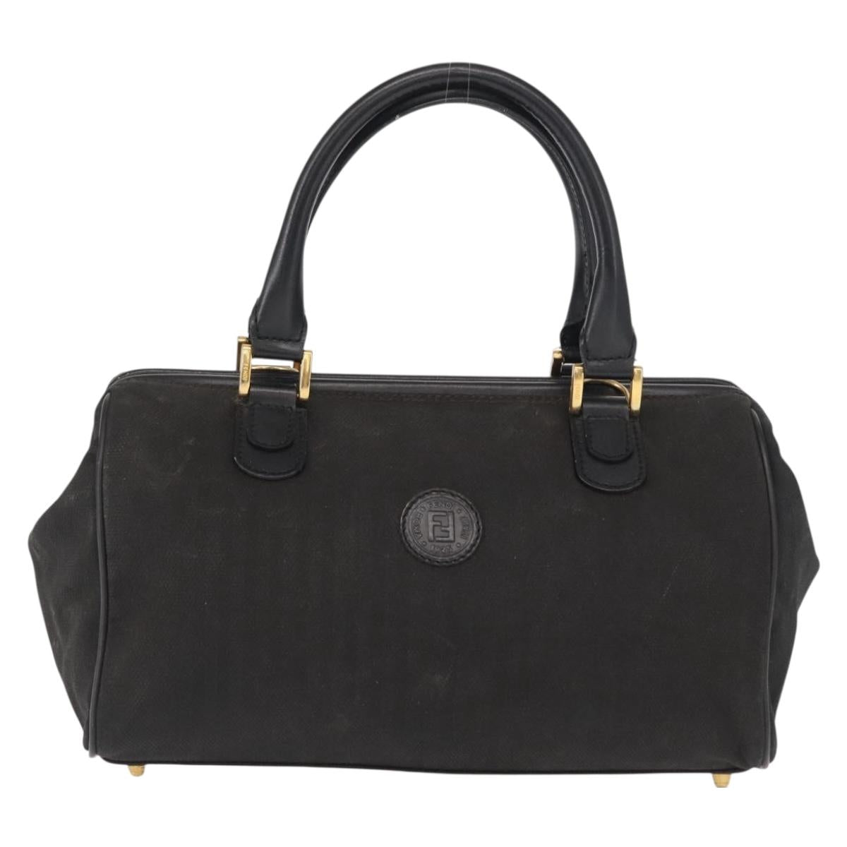 FENDI Pecan Canvas Hand Bag Black Brown gold Auth BA9717