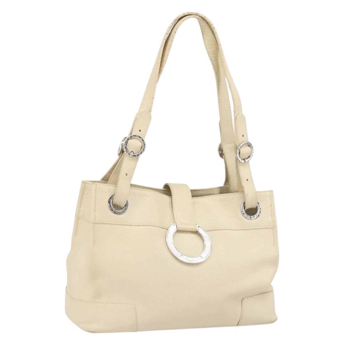 BVLGARI Tote Bag Leather Beige Silver Auth BA9722