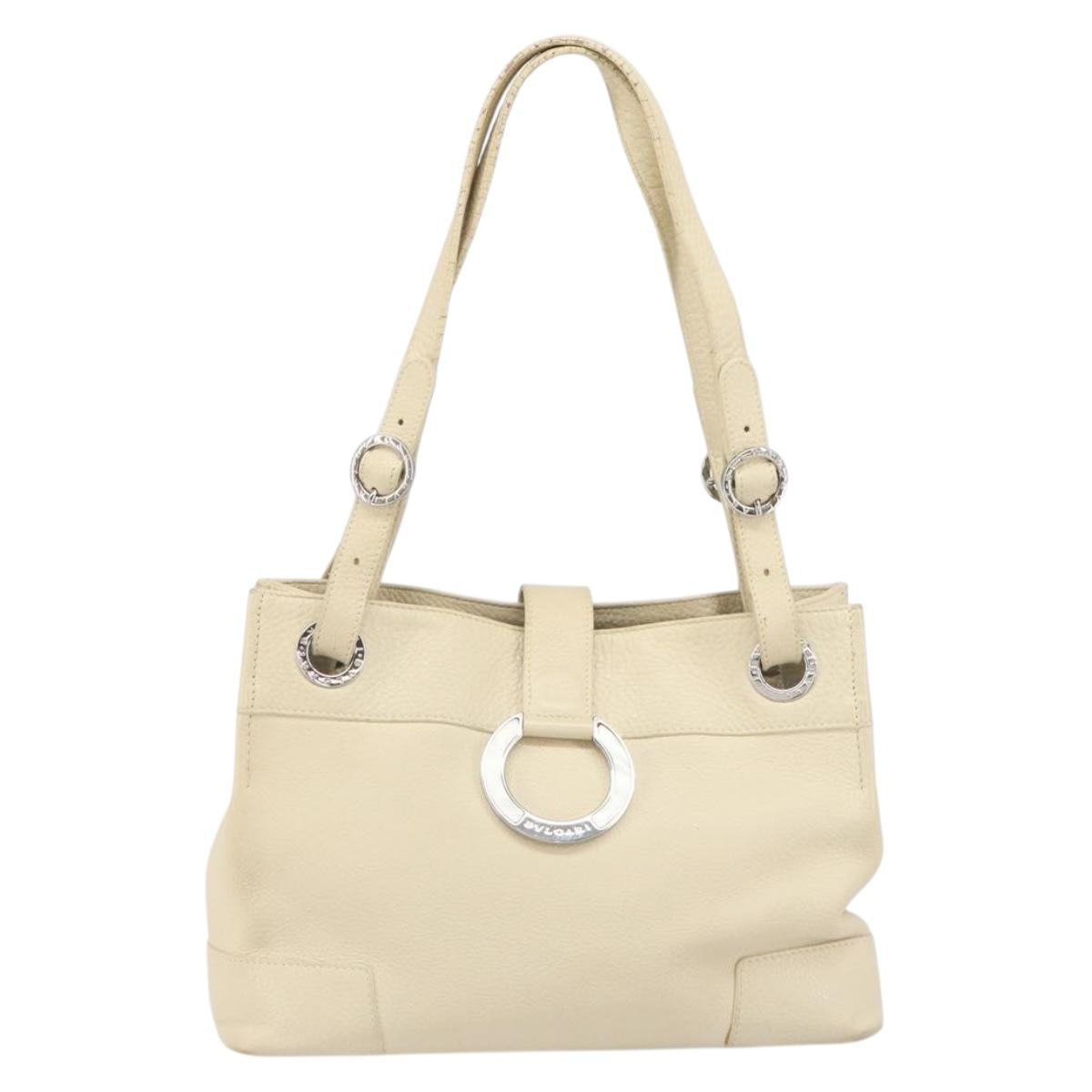 BVLGARI Tote Bag Leather Beige Silver Auth BA9722