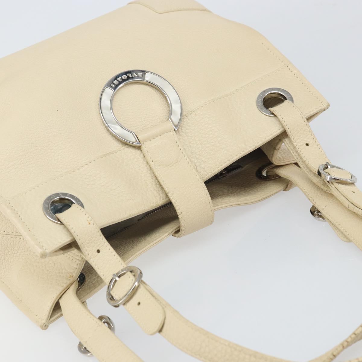 BVLGARI Tote Bag Leather Beige Silver Auth BA9722