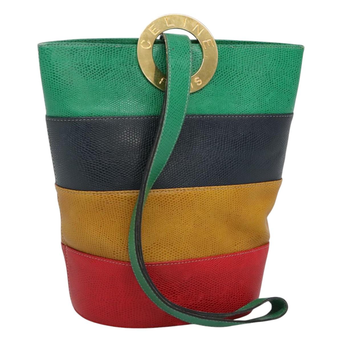 CELINE Shoulder Bag Leather Embossed Green Yellow Red Auth BA973