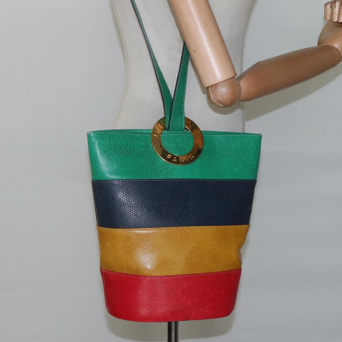 CELINE Shoulder Bag Leather Embossed Green Yellow Red Auth BA973