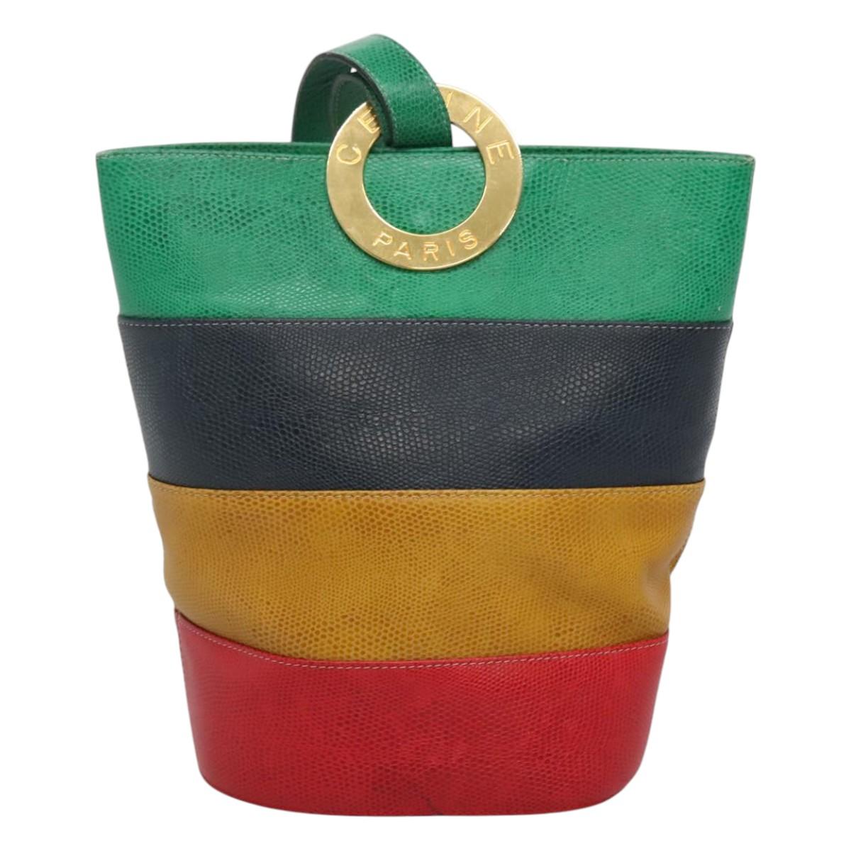 CELINE Shoulder Bag Leather Embossed Green Yellow Red Auth BA973