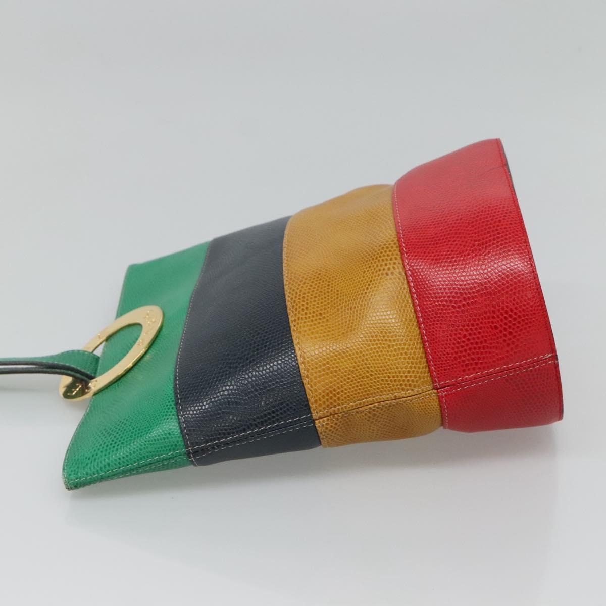 CELINE Shoulder Bag Leather Embossed Green Yellow Red Auth BA973