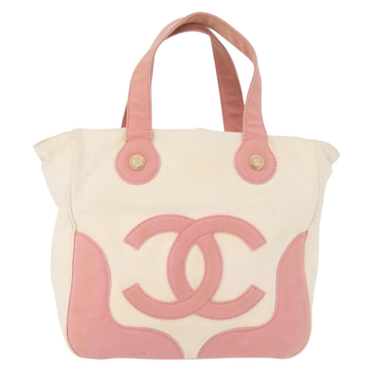CHANEL Tote Bag Canvas White Gold CC Auth BA9739